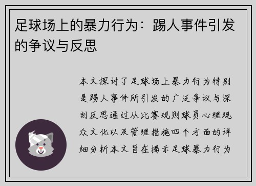 足球场上的暴力行为：踢人事件引发的争议与反思