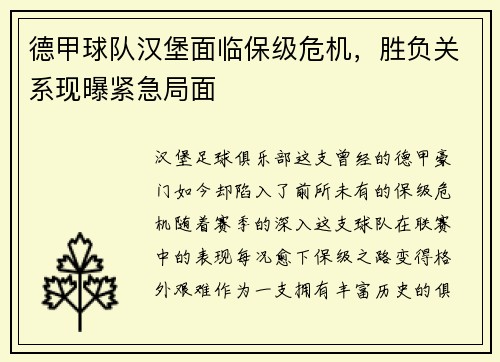 德甲球队汉堡面临保级危机，胜负关系现曝紧急局面