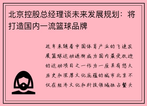 北京控股总经理谈未来发展规划：将打造国内一流篮球品牌