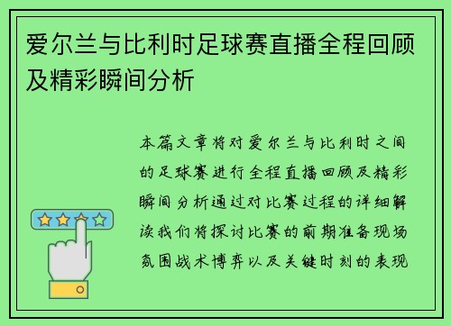 爱尔兰与比利时足球赛直播全程回顾及精彩瞬间分析