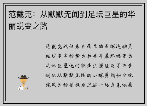 范戴克：从默默无闻到足坛巨星的华丽蜕变之路