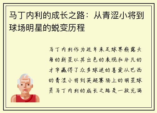 马丁内利的成长之路：从青涩小将到球场明星的蜕变历程