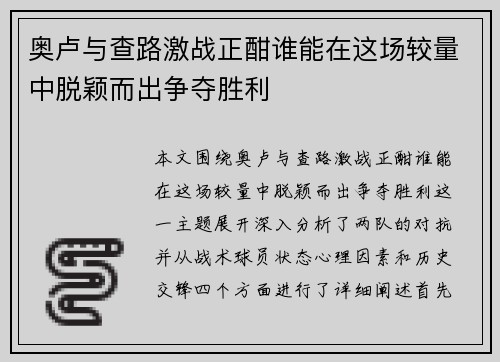奥卢与查路激战正酣谁能在这场较量中脱颖而出争夺胜利