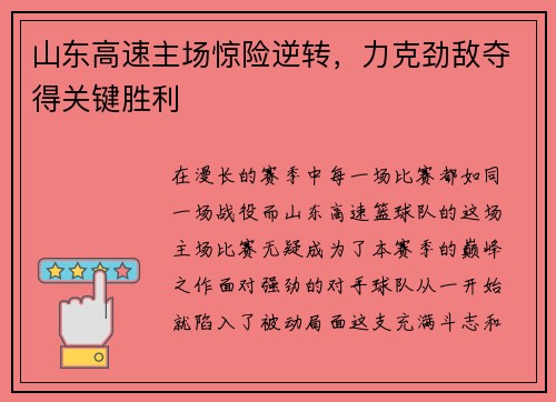 山东高速主场惊险逆转，力克劲敌夺得关键胜利