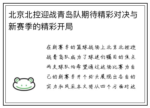 北京北控迎战青岛队期待精彩对决与新赛季的精彩开局