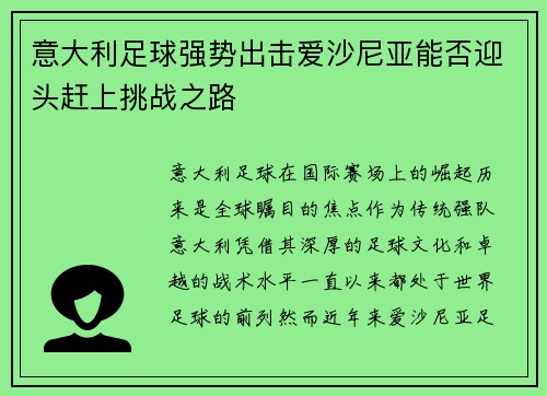 意大利足球强势出击爱沙尼亚能否迎头赶上挑战之路