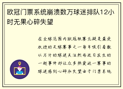 欧冠门票系统崩溃数万球迷排队12小时无果心碎失望