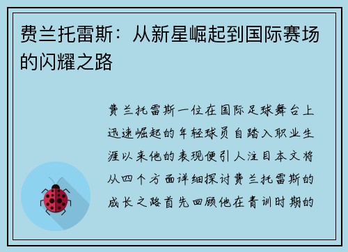 费兰托雷斯：从新星崛起到国际赛场的闪耀之路