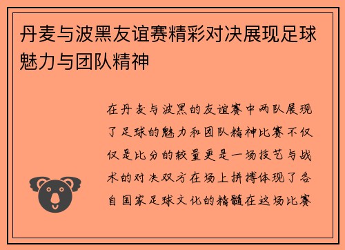 丹麦与波黑友谊赛精彩对决展现足球魅力与团队精神