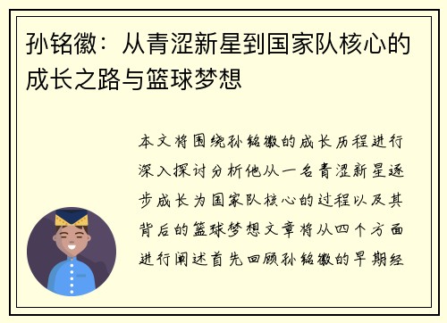 孙铭徽：从青涩新星到国家队核心的成长之路与篮球梦想