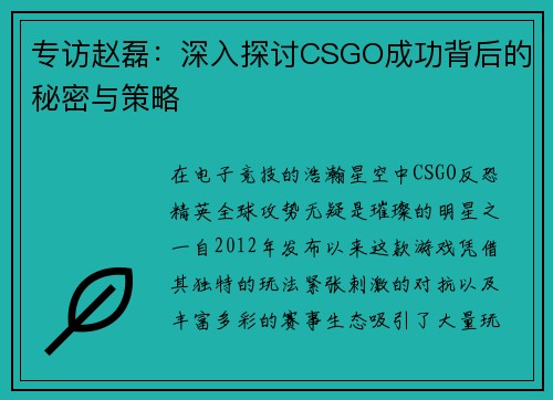 专访赵磊：深入探讨CSGO成功背后的秘密与策略