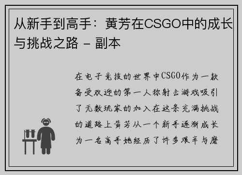 从新手到高手：黄芳在CSGO中的成长与挑战之路 - 副本